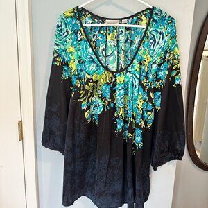 Flouncy Floral Blouse with loose V-Neck with 3/4 sleeves